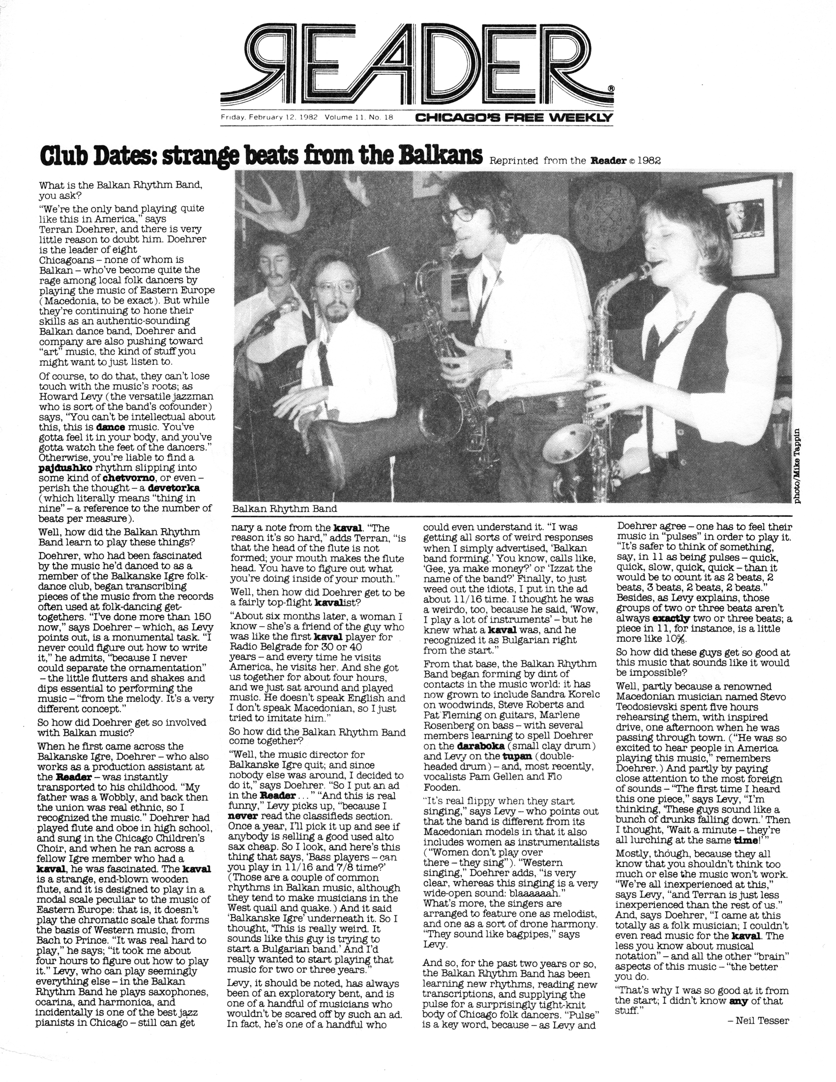Chicago Reader newspaper February 12, 1982 clipping about the Balkan Rhythm Band (tm)